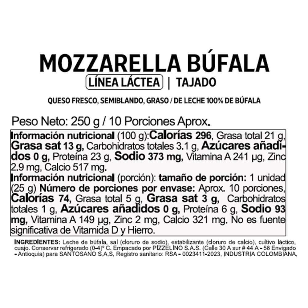 Queso Tajado Mozzarella De 100% Bufala x250Gr Santosano