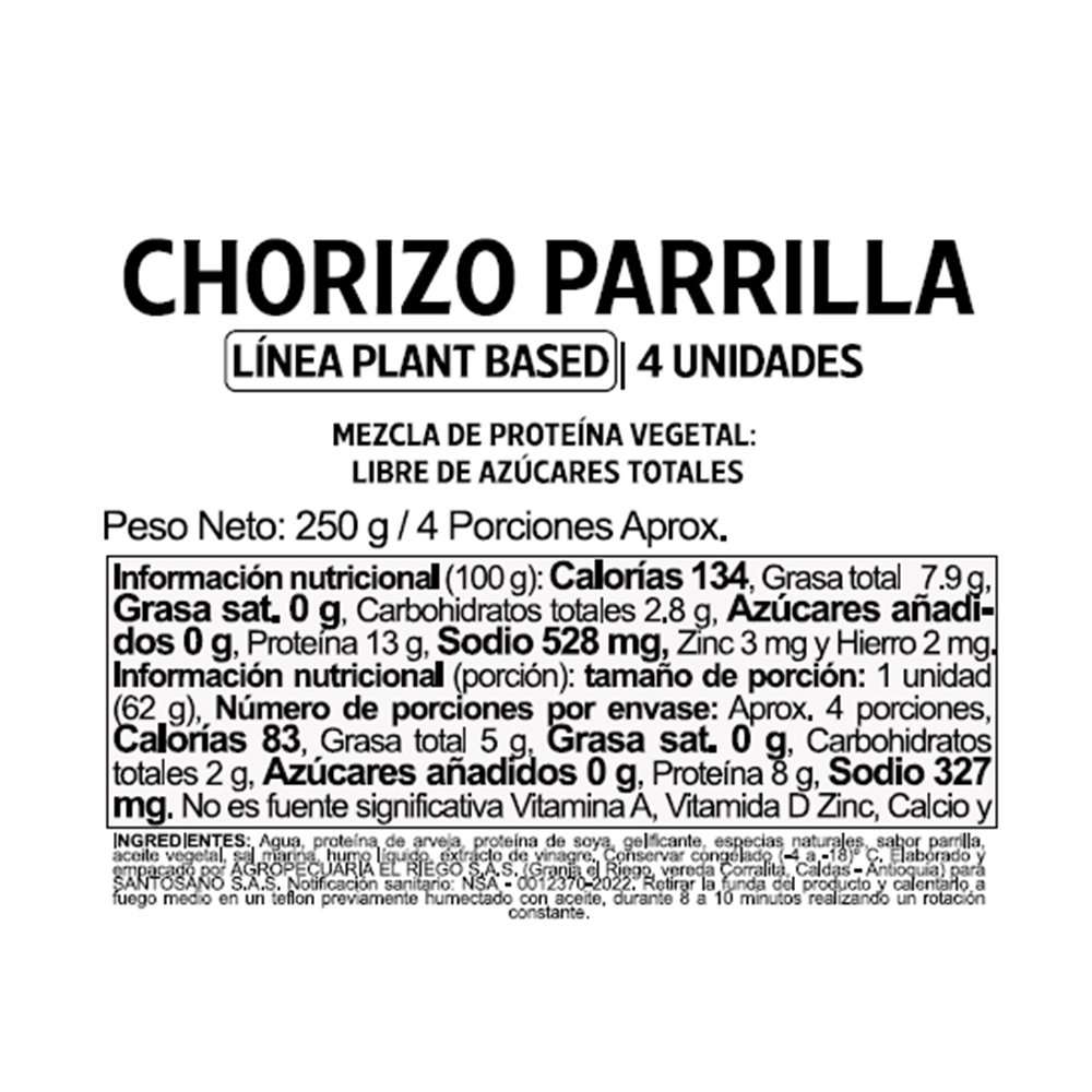 Chorizo Parrilla Plant Based x4 unidades Santosano