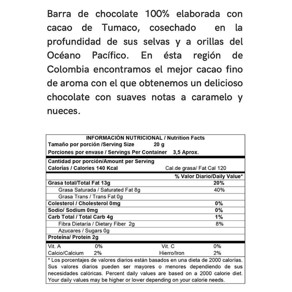 Chocolate Oscuro 100% Cacao x 70g Chacha
