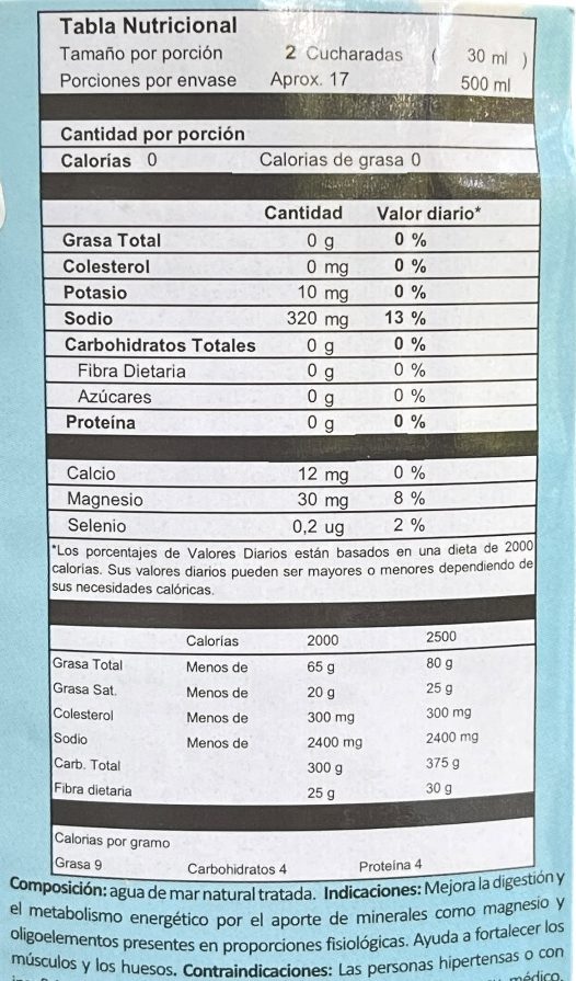 "Agua De Mar x3Lt Amaris El agua de mar de Amaris viene por 3 litro y trae 99 porciones por envase. El agua de mar es un alimento brindando un PH alcalino, desintoxicando, oxigenando y alcalinizando el cuerpo internamente. El agua de mar contiene minerales, proteínas, vitaminas. La composición del agua de mar es muy similar en el medio que se encuentran nuestras células como el plasma (sangre). Contraindicaciones: personas hipertensas o con insuficiencia renal deben consumirlo con precaución. No exceder el consumo de sal de cocina debido a que el agua de mar es muy alta en contenido de sal